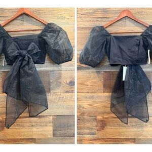 Cleobella Josie Black Puff Sleeve Crop Blouse with Detachable Bow